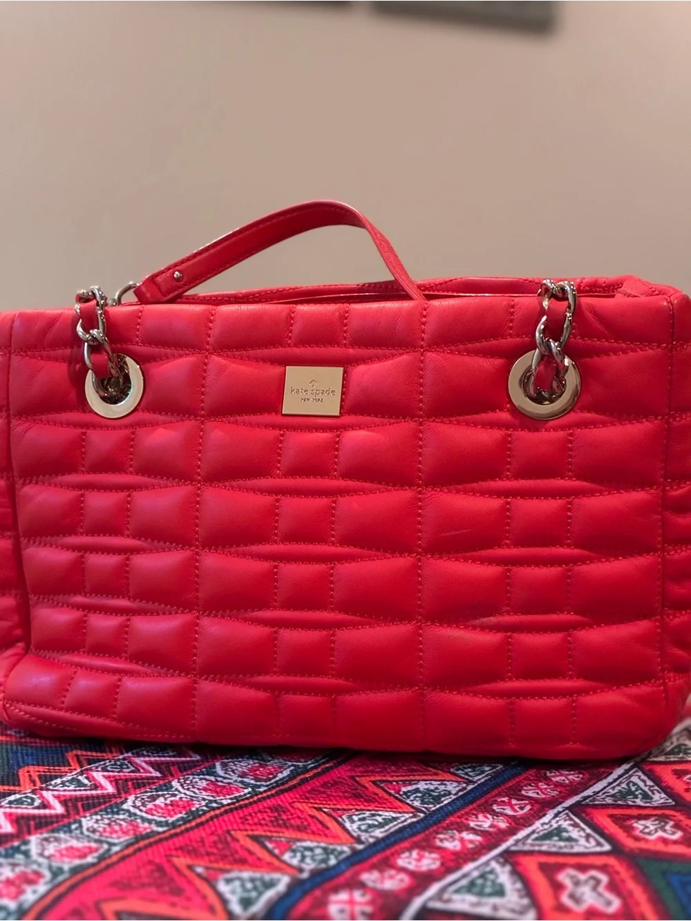 kate spade Quilted Red Tote with Chain-Detail Handles